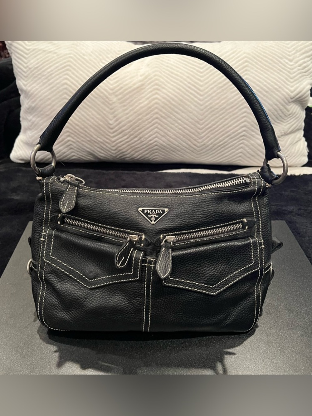 Prada Vitello Front Pockets Shoulder Bag Black Calfskin Leather 7 Pockets #2